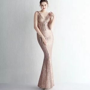 Elegant Rose Gold Sequin Maxi Dress